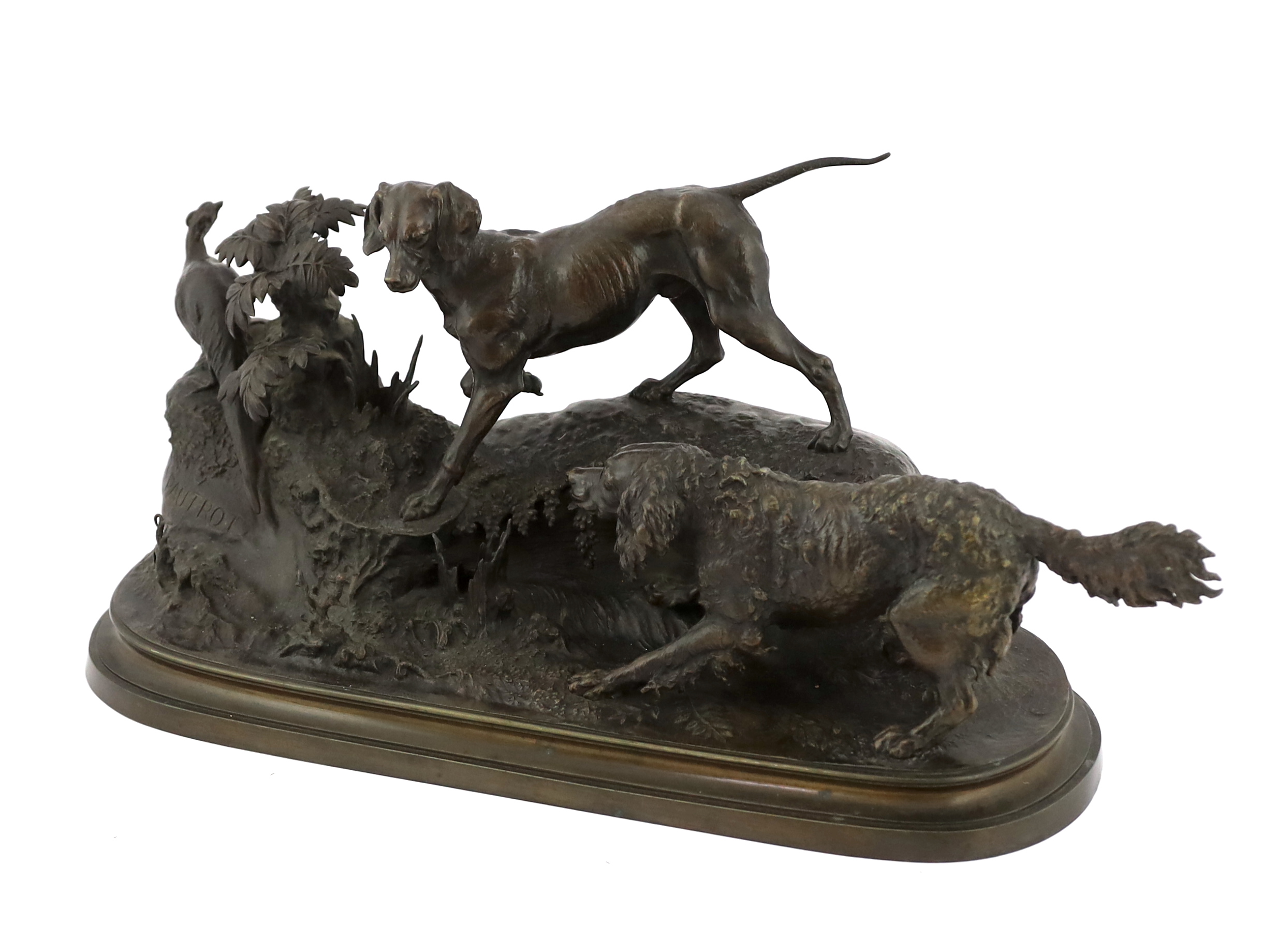 After Ferdinand Pautrot (1832-1874), a bronze group of a spaniel and a hound chasing a pheasant, 63cm wide, 29cm high